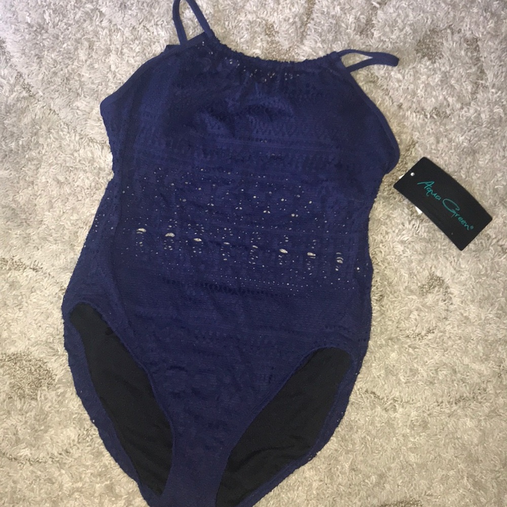 Nwt navy mesh swimsuit.  Size Large (12-14).